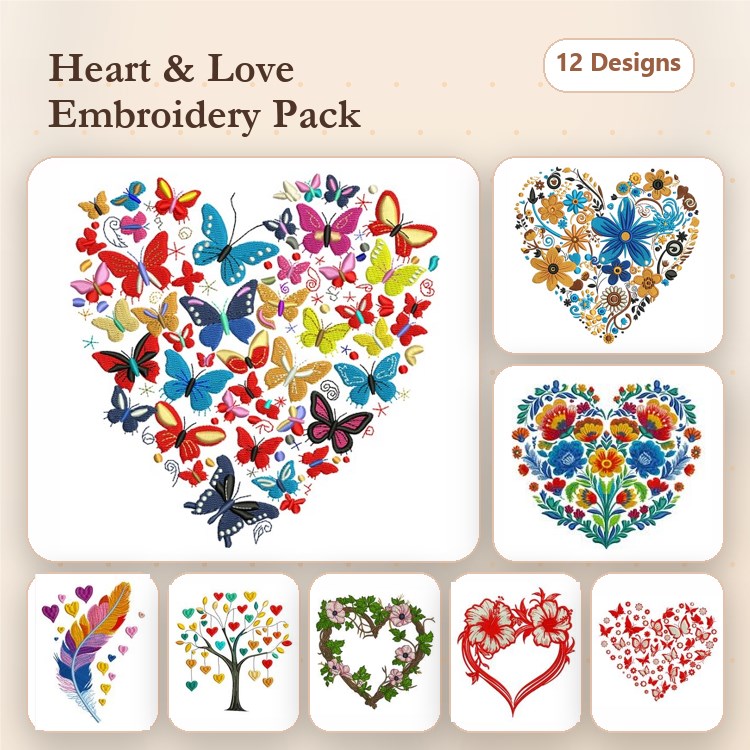 Hearts and Love Embroidery Designs Bundle – Colorful Butterflies Heart, Floral Heart with Blue Flowers, & More (12 Designs)