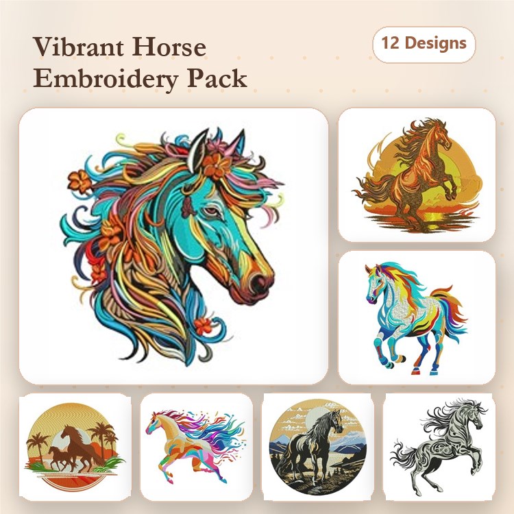 Vibrant Horse Embroidery Bundle – Colorful Horse Head, Running Horse, Horse Silhouette & More (12 Designs)