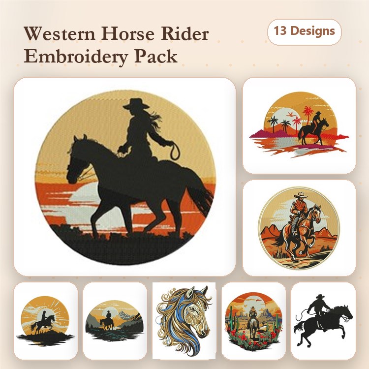 Western Horse Riding Embroidery Designs Bundle – Horse Rider Silhouette, Cowboy on Horse, Sunset Rider & More (13 Designs)