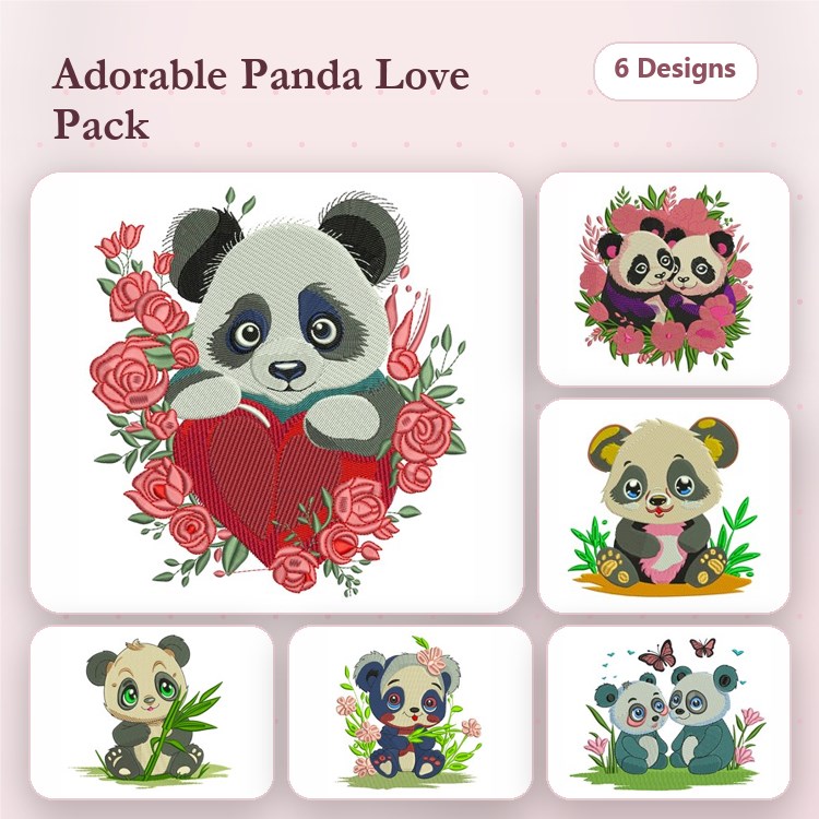 Panda Bear Embroidery Designs Bundle – Panda with Heart, Baby Panda, Panda Couple & More (6 Designs)