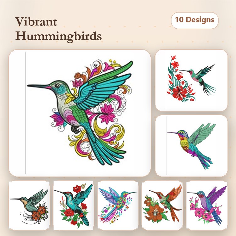 Hummingbird Embroidery Designs Bundle – Colorful Hummingbird, Hummingbird in Flight, Hummingbird with Flowers & More (10 Designs)