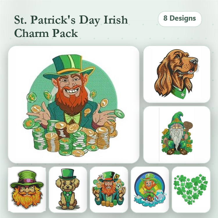 Irish Setter & Leprechaun Gnome Embroidery Bundle – St. Patrick's Day (8 Designs)