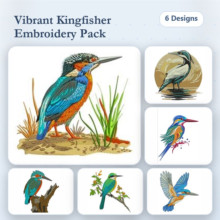 Kingfisher Birds Embroidery Designs Bundle – Vibrant Kingfisher, Kingfisher on Branch, Kingfisher in Water & More (6 Designs)