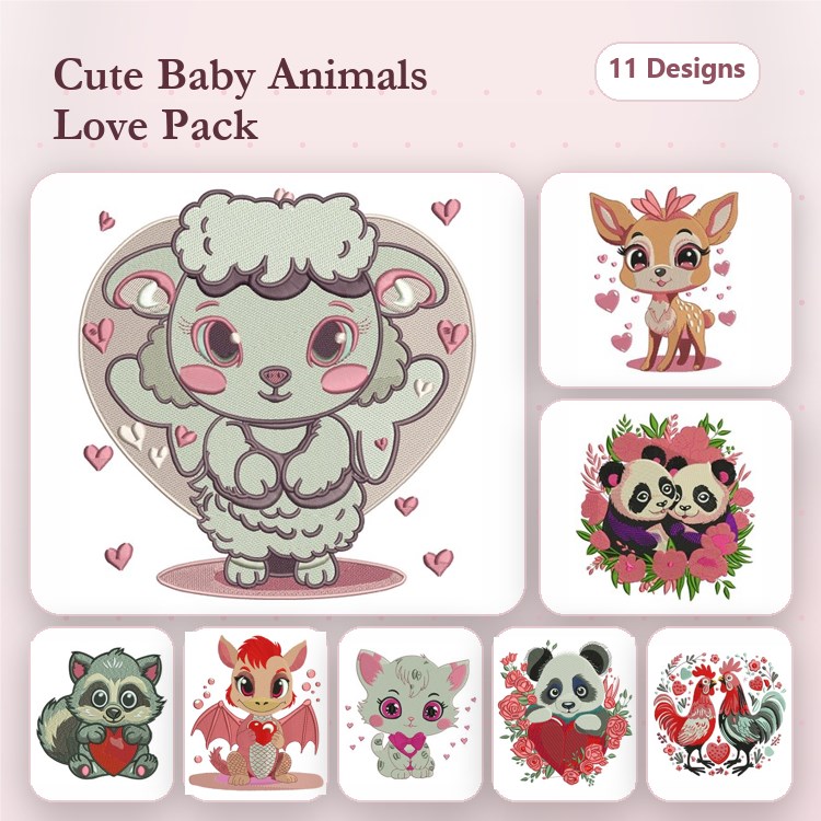 Cute Baby Animals Embroidery Designs Bundle – Baby Lamb, Baby Deer, Panda with Hearts & More (11 Designs)