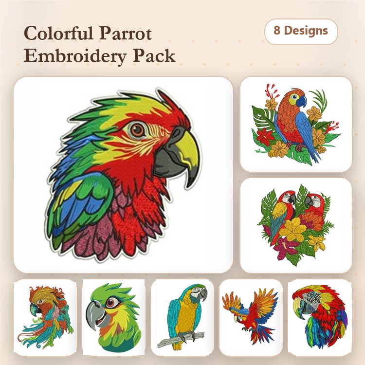 Colorful Parrots Embroidery Designs Bundle – Parrot Head, Tropical Parrot with Flowers, Green Parrot & More (8 Designs)