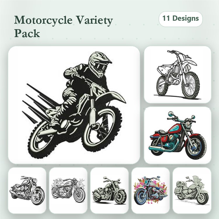 Motorcycle Embroidery Designs Bundle – Motorcycle Rider, Dirt Bike, Cruiser Motorcycle & More (11 Designs)