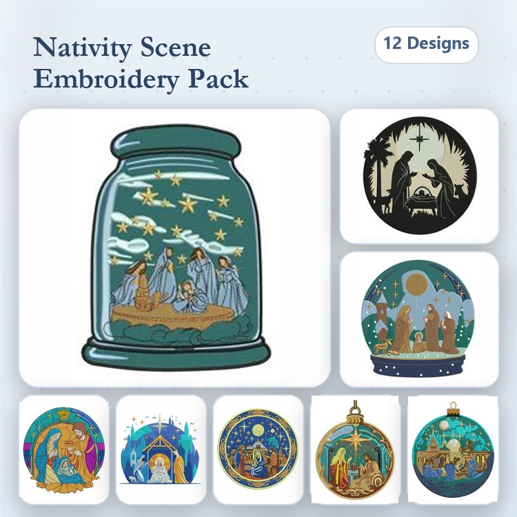 Nativity Scene Embroidery Designs Bundle – Nativity in Glass Dome, Starry Night, Shepherds & Angels & More (12 Designs)