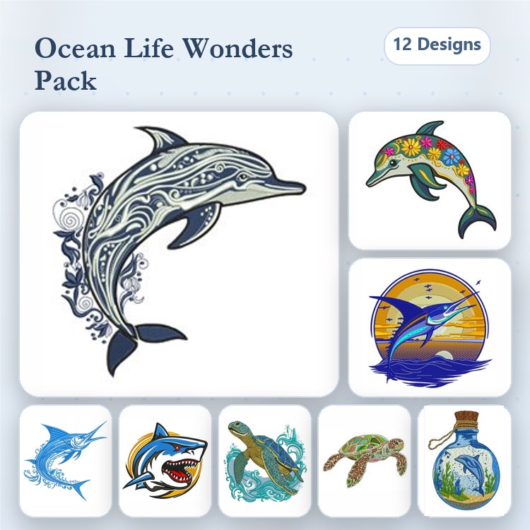 Ocean Life Embroidery Designs Bundle – Dolphin with Floral, Marlin with Sunset, Shark & More (12 Designs)