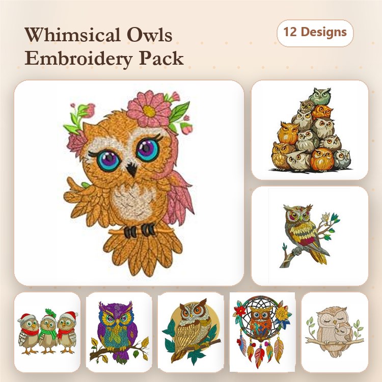 Owl Embroidery Designs Bundle – Owl with Flowers, Stacked Owls, Colorful Owl & More (12 Designs)