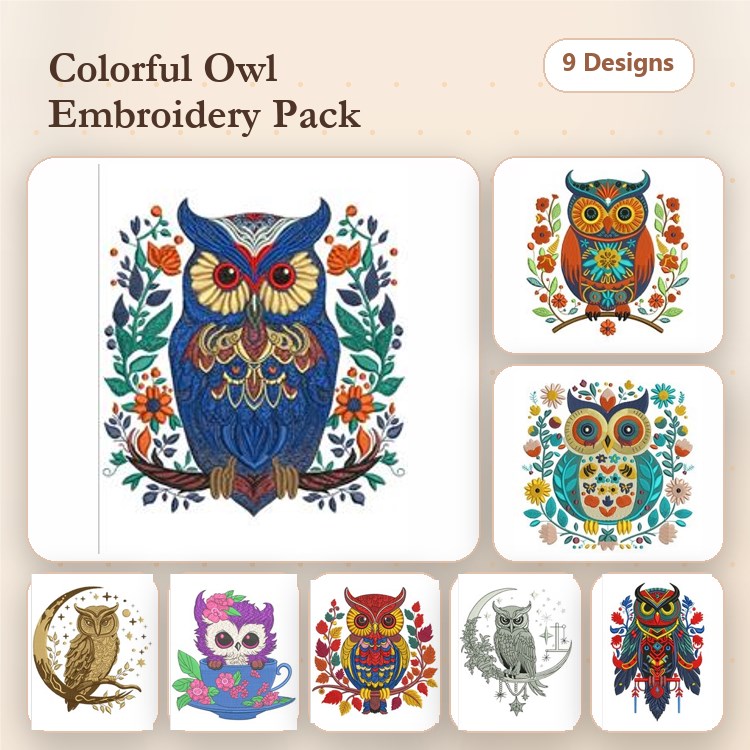 Colorful Owl Embroidery Designs Bundle – Owl with Flowers, Owl in Moonlight, Cartoon Owl with Glasses & More (9 Designs)