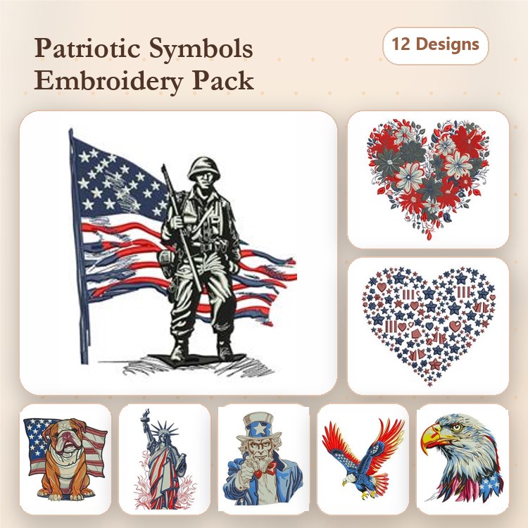 Patriotic Embroidery Bundle – Soldier, Bulldog & Eagle (12 Designs)