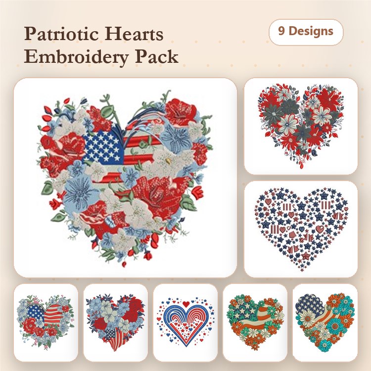 Patriotic Heart Embroidery Designs Bundle – Floral Heart with American Flag, Striped Heart with Flowers, & More (9 Designs)