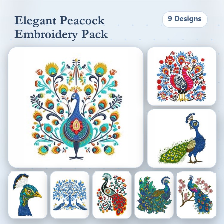 Elegant Peacock Embroidery Designs Bundle – Peacock with Floral Background, Majestic Peacock, Detailed Peacock & More (9 Designs)