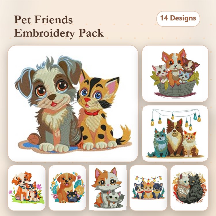 Dog & Cat Embroidery Bundle – Adorable Pets (14 Designs)