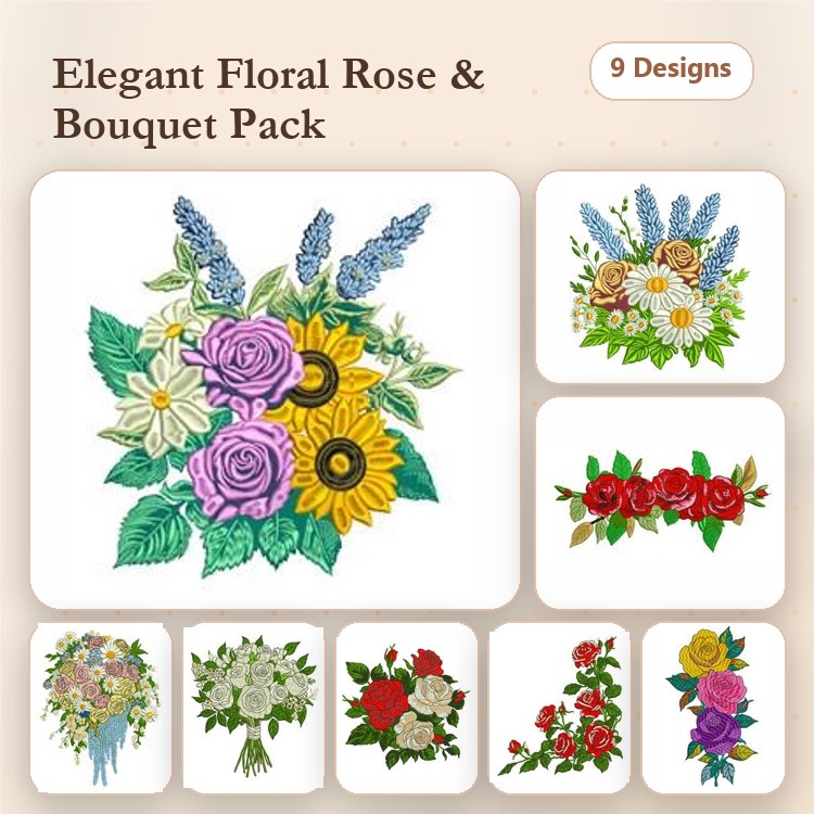 Floral Bouquets Embroidery Designs Bundle – Rose Bouquet, Sunflower Bouquet, Daisy Wreath & More (9 Designs)