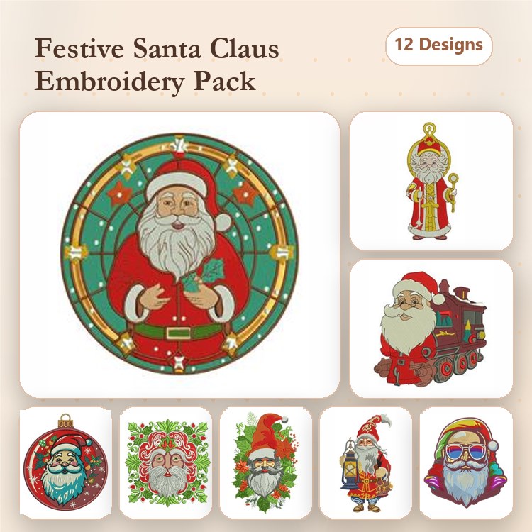 Santa Claus Embroidery Bundle – Santa with Holly, Santa with Lantern, Festive Santa with Gifts & More (12 Designs)