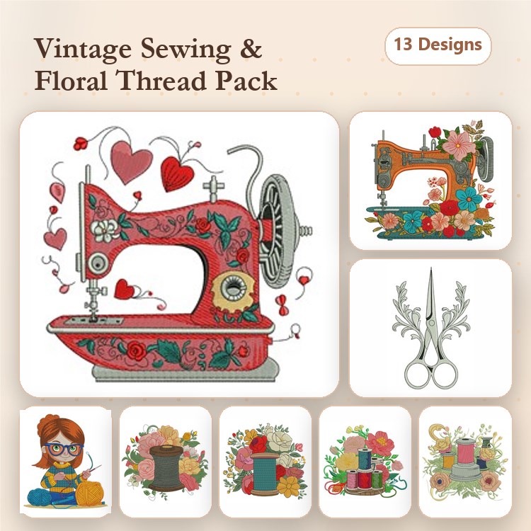 Embroidery Bundle – Vintage Sewing Machine, Girl with Sewing Machine, Floral Scissors & More (13 Designs)