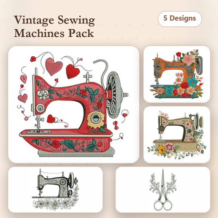 Vintage Sewing Machines Embroidery Designs Bundle – Red Sewing Machine with Hearts, Floral Sewing Machine, Scissors & More (5 Designs)