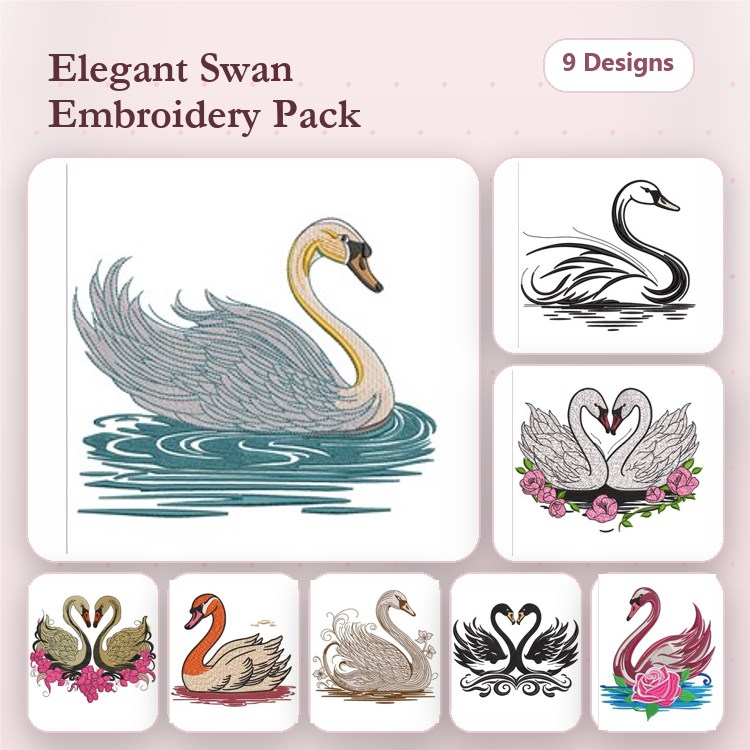 Swan Embroidery Bundle – Graceful Swan, Swimming Swan, Swan Couple & More (9 Designs)
