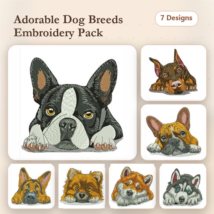 Dogs Embroidery Designs Bundle – Siberian Husky, German Shepherd, French Bulldog, Shiba Inu & More (7 Designs)