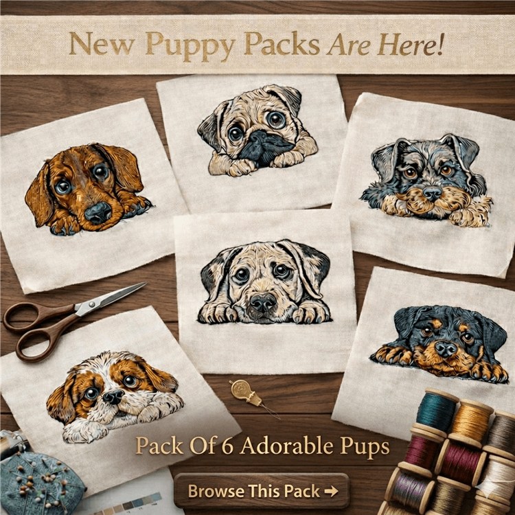 Dogs Embroidery Designs Bundle – Dachshund, Pug, Rottweiler, Dalmatian & More (6 Designs)