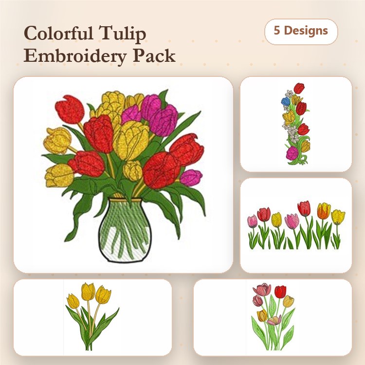 Colorful Tulips Embroidery Designs Bundle – Tulip Bouquet, Single Tulip, Tulip Line Art & More (5 Designs)