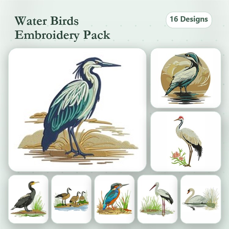 Water Birds Embroidery Bundle – Heron, Egret, Kingfisher & More (16 Designs)