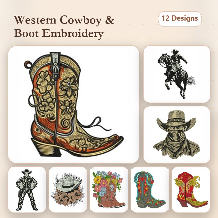 Western Cowboy & Boot Embroidery Designs Bundle – Decorative Cowboy Boot, Floral Cowboy Boot, Rider on Horse & More (12 Designs)