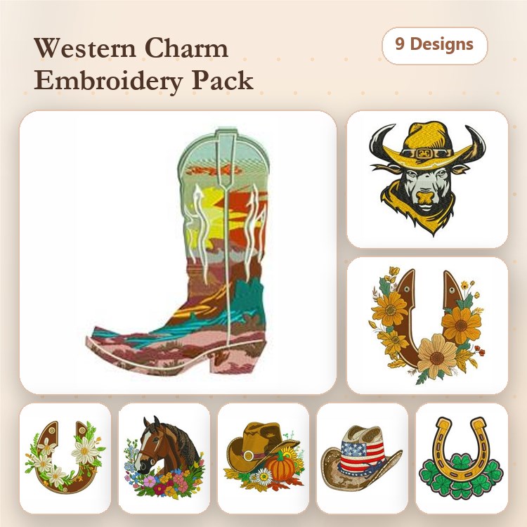 Western-themed Embroidery Designs Bundle – Western Boot, Bull Skull, Floral Horseshoe & More (9 Designs)