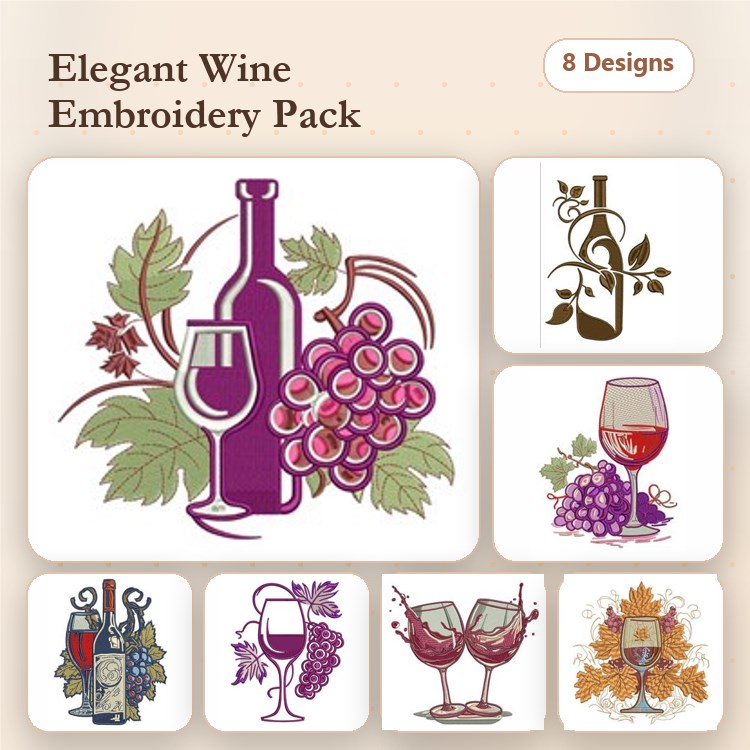 Wine and Grapes Embroidery Designs Bundle – Wine Bottle, Grapes Vine, Wine Glass with Grapes & More (8 Designs)