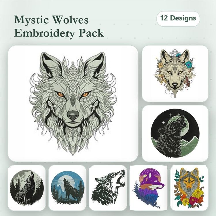 Wolf Embroidery Bundle – Majestic Wolf Designs (12 Designs)