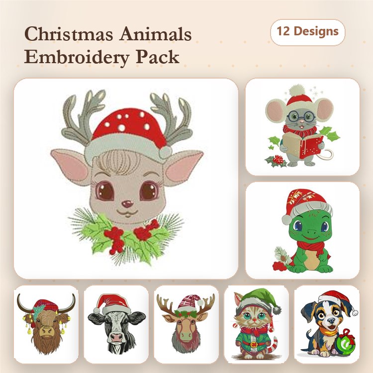 Festive Animal Embroidery Bundle – Holiday Characters (12 Designs)