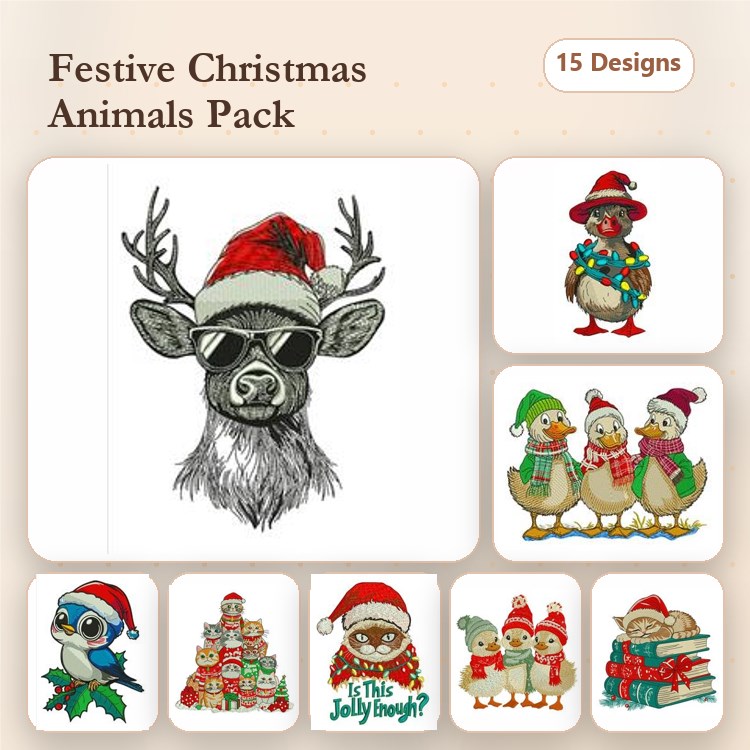 Christmas Owls & Ducks Embroidery Bundle – Holiday Animal Designs (15 Designs)