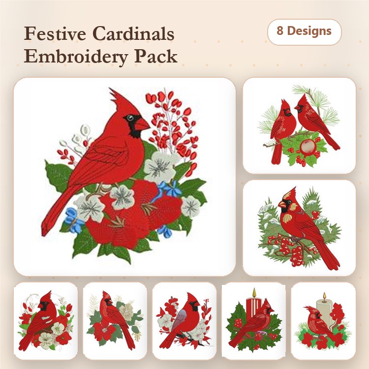 Festive Cardinals Embroidery Designs Bundle – Cardinal with Christmas Ornament, Pair of Cardinals, Cardinal on Flowers & More (8 Designs)