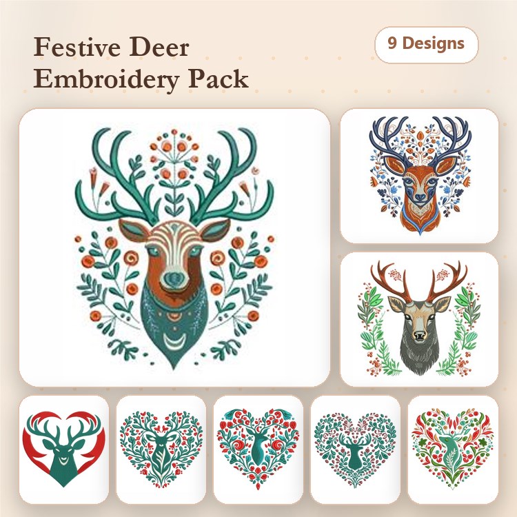 Festive Deer Embroidery Designs Bundle – Deer Head with Flowers, Colorful Deer Head, Heart with Deer and Florals & More (9 Designs)