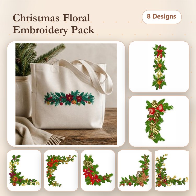 Christmas Floral Designs Bundle – Red Holly Sprig, Greenery Wreath, Holly and Berries & More (8 Designs)