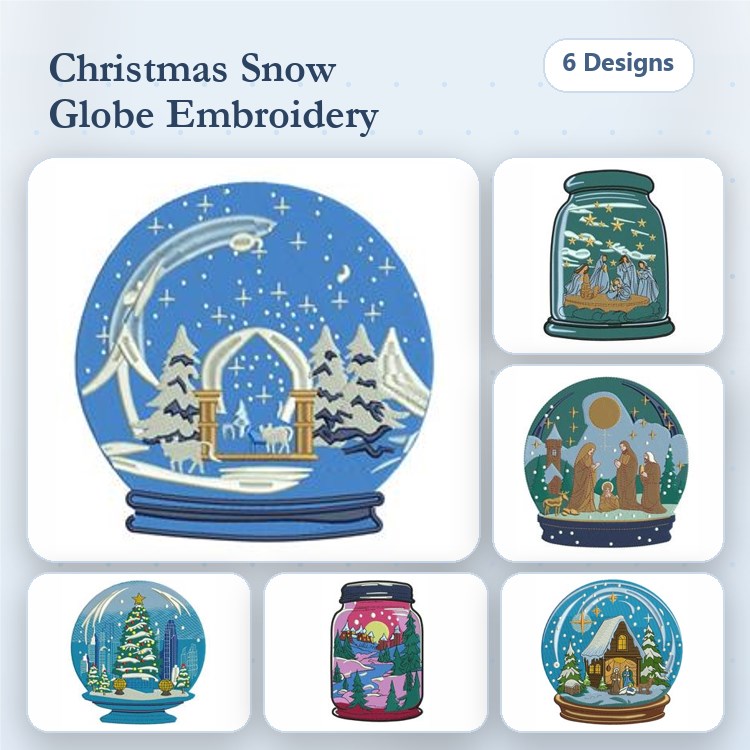 Christmas Snow Globe Embroidery Designs Bundle – Winter Wonderland, Christmas Tree, Nativity Scene & More (6 Designs)