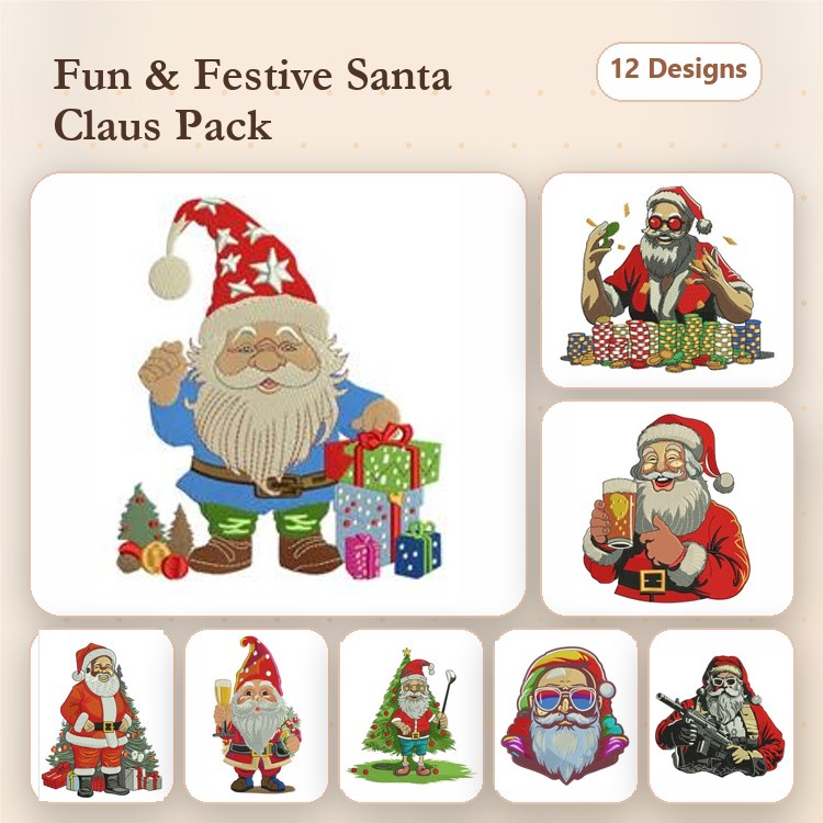 Santa Claus Christmas Embroidery Designs Bundle – Santa with Gifts, Santa Checking List, Santa Playing Guitar & More (12 Designs)