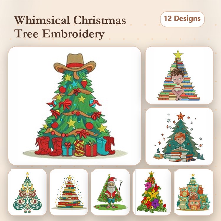 Christmas Tree Embroidery Designs Bundle – Cowboy Hat, Gifts, Stacked Books & More (12 Designs)