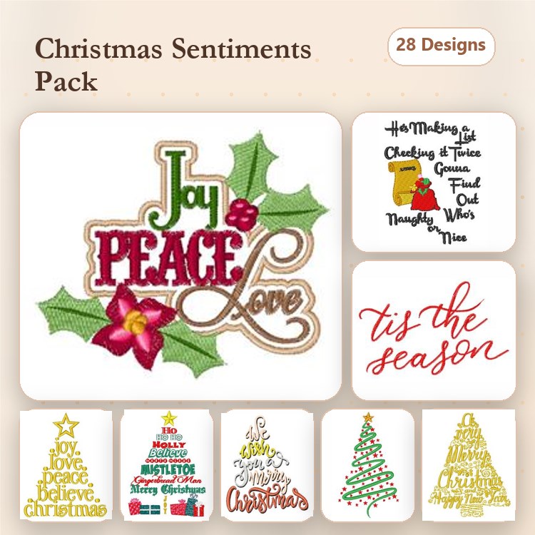 Christmas Sentiments Embroidery Designs Bundle – Joy and Peace, Tis the Season, Merry Christmas & More (28 Designs)