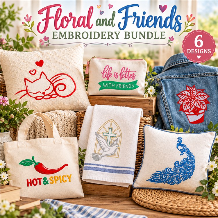 Floral and Friends Embroidery Designs Bundle – Sleeping Cat, Poinsettia Plant, Heart and Cat & More (6 Designs)