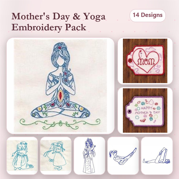 Redwork Mother's Day & Yoga Embroidery Designs Bundle – Yoga Pose Girl, Happy Mother's Day Tag, Mom Heart & More (14 Designs)