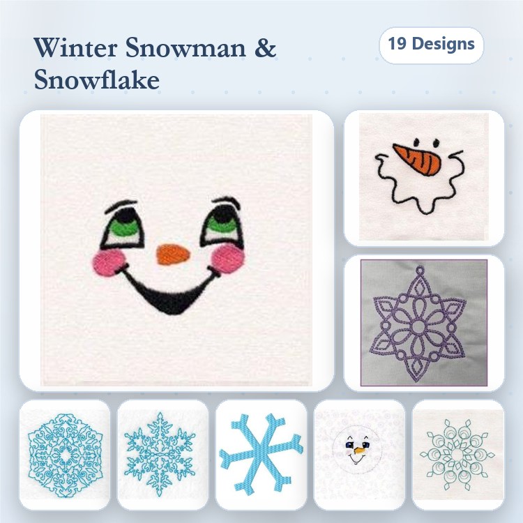 Winter Snowman & Snowflakes Embroidery Designs Bundle – Snowman Face, Snowman with Carrot Nose, Snowflake Ornament & More (19 Designs)