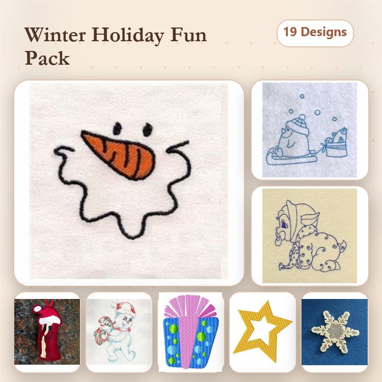 Winter Holiday Embroidery Designs Bundle – Snowman Face, Santa Hat, Holiday Gift Box & More (19 Designs)