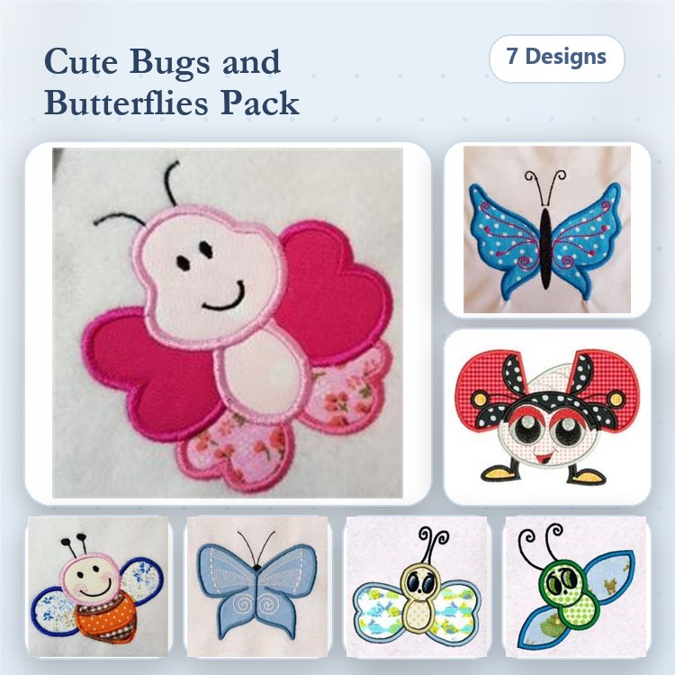 Applique Cute Bugs & Butterflies Embroidery Bundle – Smiling Butterfly, Blue Butterfly, Ladybug with Big Eyes & More (7 Designs)