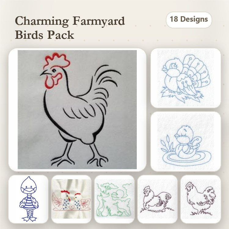 Redwork Farmyard Birds Embroidery Designs Bundle – Rooster, Turkey, Chick in Water & More (18 Designs)