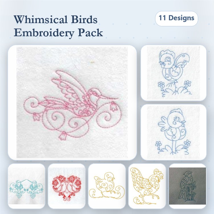 Redwork Whimsical Birds Embroidery Bundle – Flying, Singing, Floral Bird & More (11 Designs)