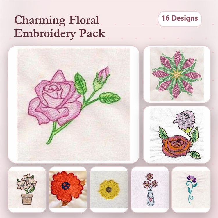 Floral Embroidery Bundle – Pink Rose, Red Rose, Flower Pot & More (16 Designs)