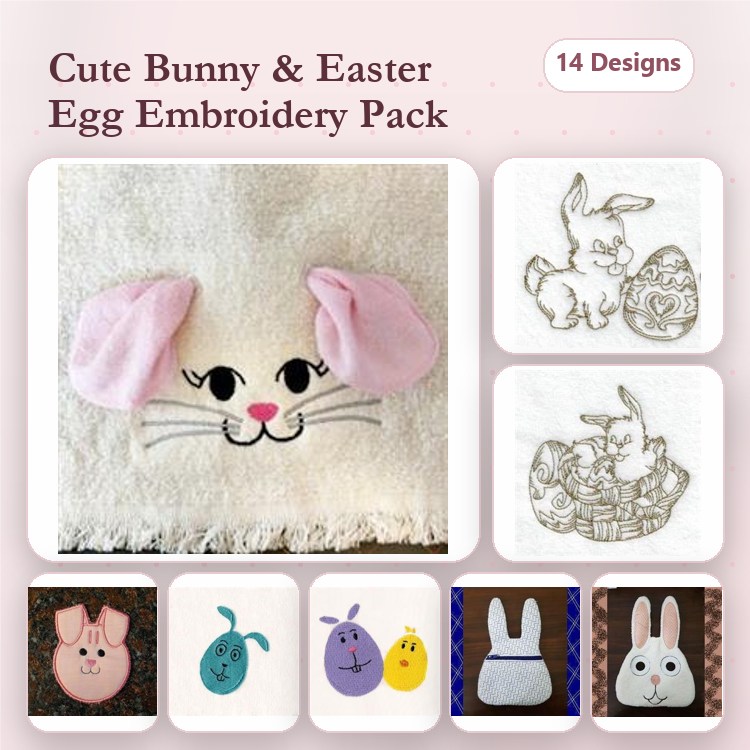 Bunny & Easter Egg Embroidery Designs Bundle – Bunny Face, Bunny in Basket, Bunny with Heart & More (14 Designs)