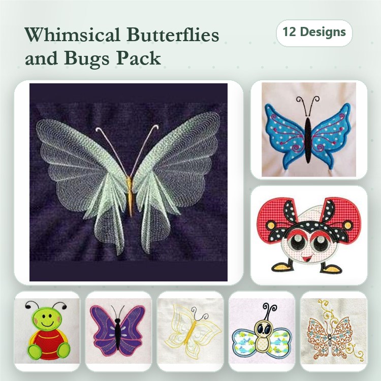 Butterflies & Bugs Embroidery Bundle – Colorful Butterfly, Cute Ladybug, Caterpillar & More (12 Designs)